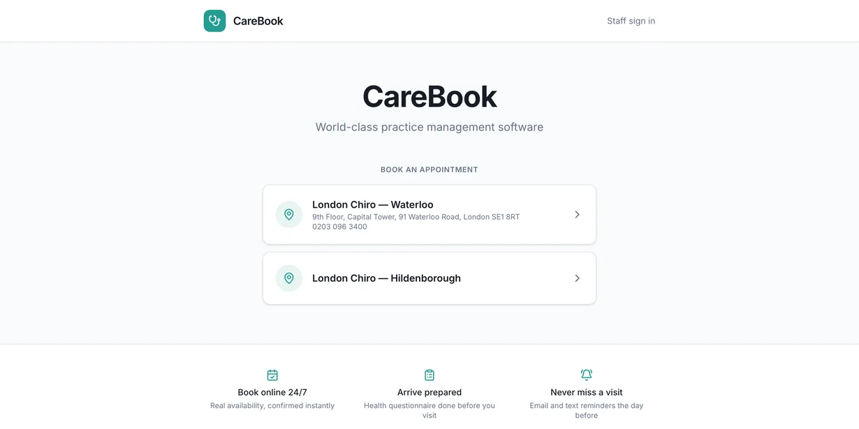 The CareBook booking front page, showing the two clinic locations a patient can book into and what the system does for them